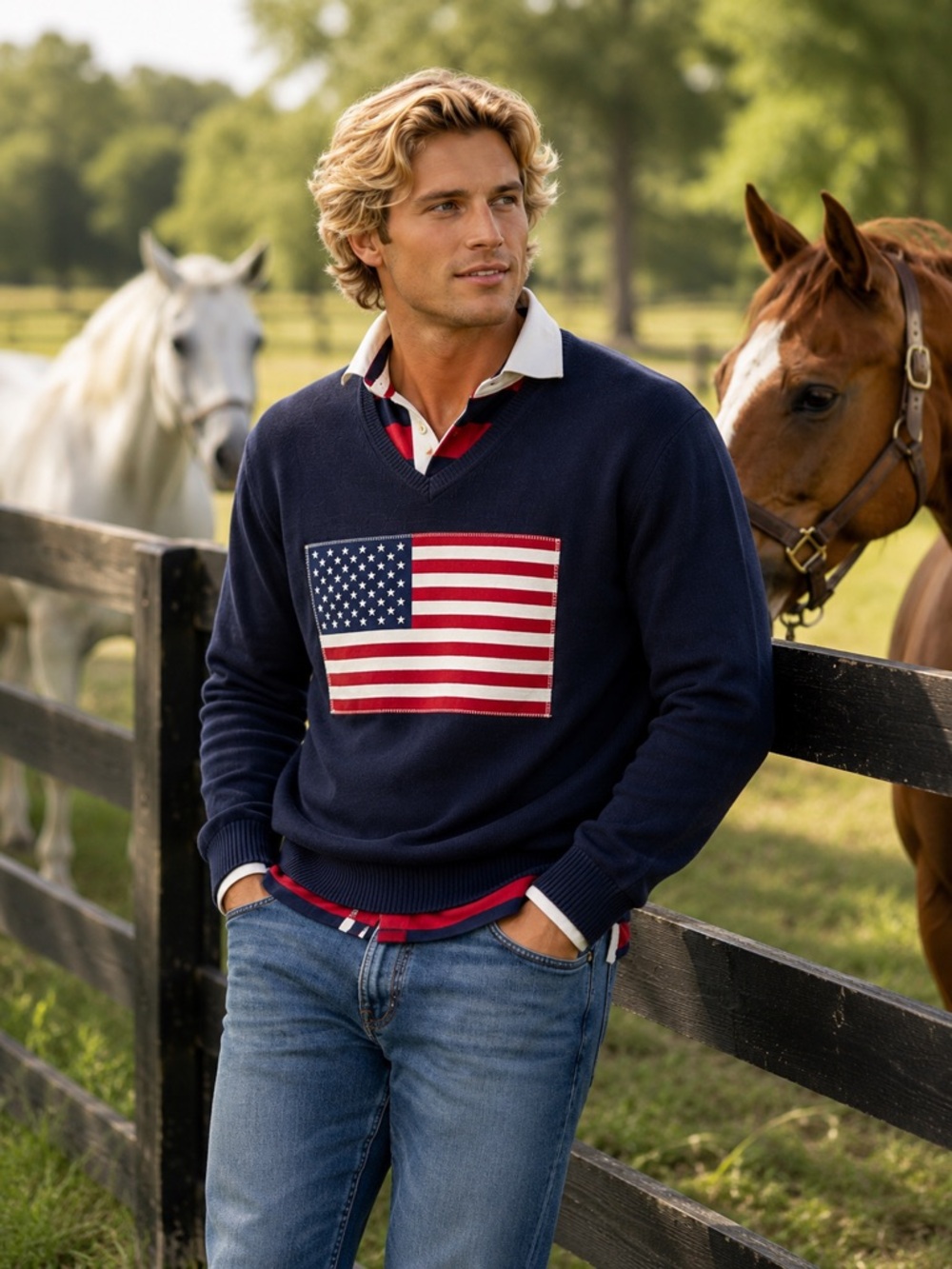 Reworked Jos. A. Bank XL American Flag Sweater | OOAK Cotton Ralph Lauren Style - Picture 1 of 8